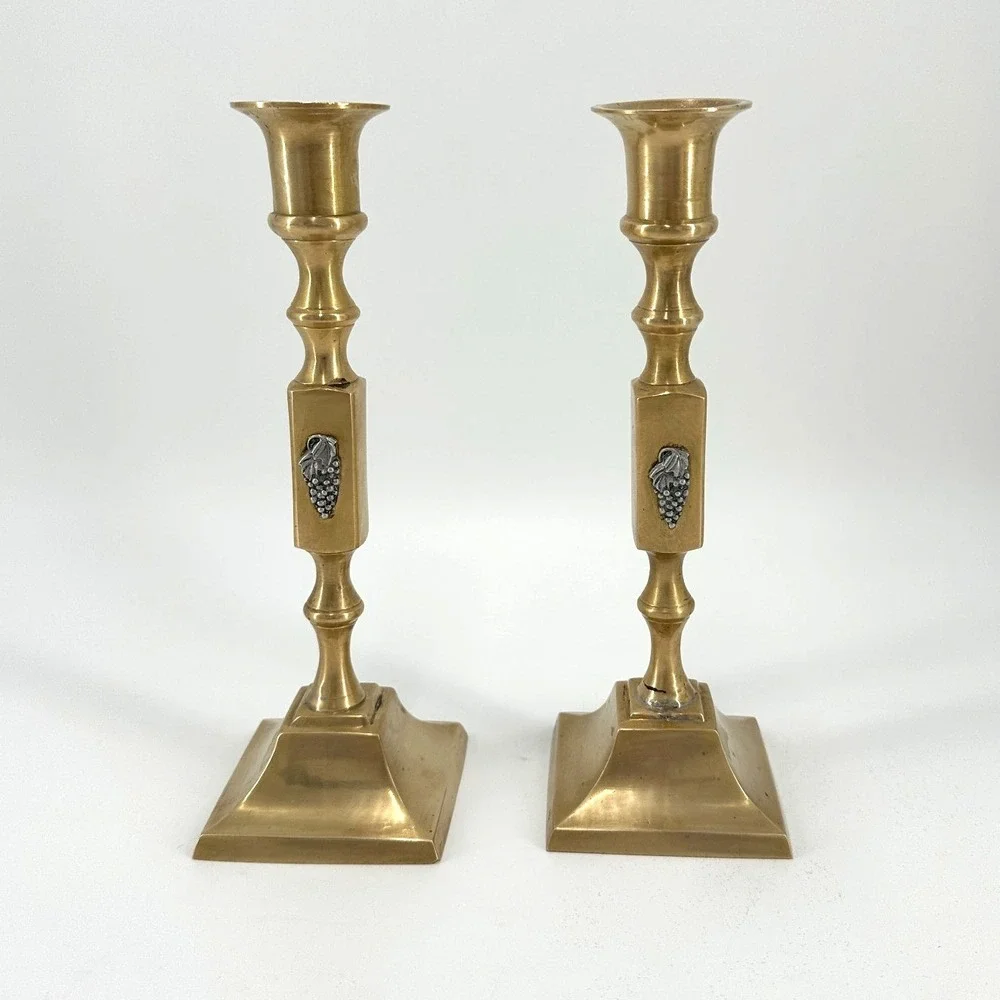 Antique Brass Taper Candle Holders‎ Pair Embossed Silver Grapes Farmhouse Decor